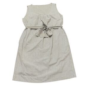 Women’s blue white seersucker dress, sleeveless, sheath, belt, pockets, Size XL